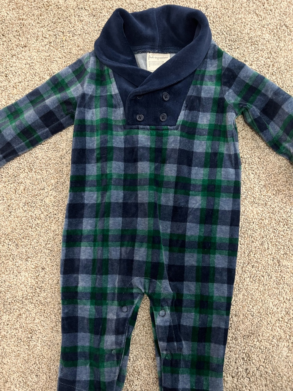 First Impressions Navy and Green Plaid Shawl Collar Fleece One-Piece 0-3M